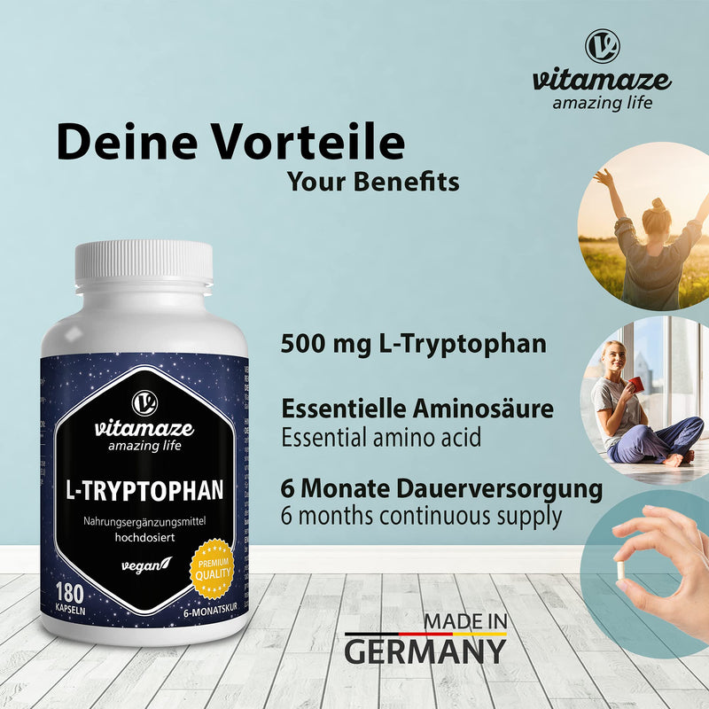 L-Tryptophan High Dose, Vegan, 500 Mg Powder Per Capsule, 180 Capsules For 6 Months, Pure Essential Amino Acid, Naturally Fermented, Dietary Supplement Without Additives, Made In Germany - NewNest Australia