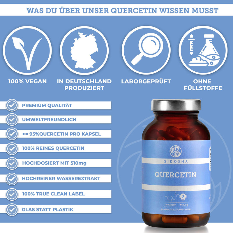 QIDOSHA® Quercetin capsules, high dosage, TEST WINNER 02/23*, 120 pieces/glass, 500 mg of pure quercetin per capsule, quercetin quantity tested by an external laboratory, German glass production (120 capsules) - NewNest Australia