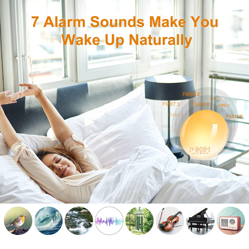 Artinabs Daylight Alarm Clock Light Wake Up Light Sunrise Sunset Simulation Alarm Clock Radio 7 Natural Sounds 2 Alarms Snooze 7 Color Light 20 Brightness Bedside Lamp Adults, Children - NewNest Australia