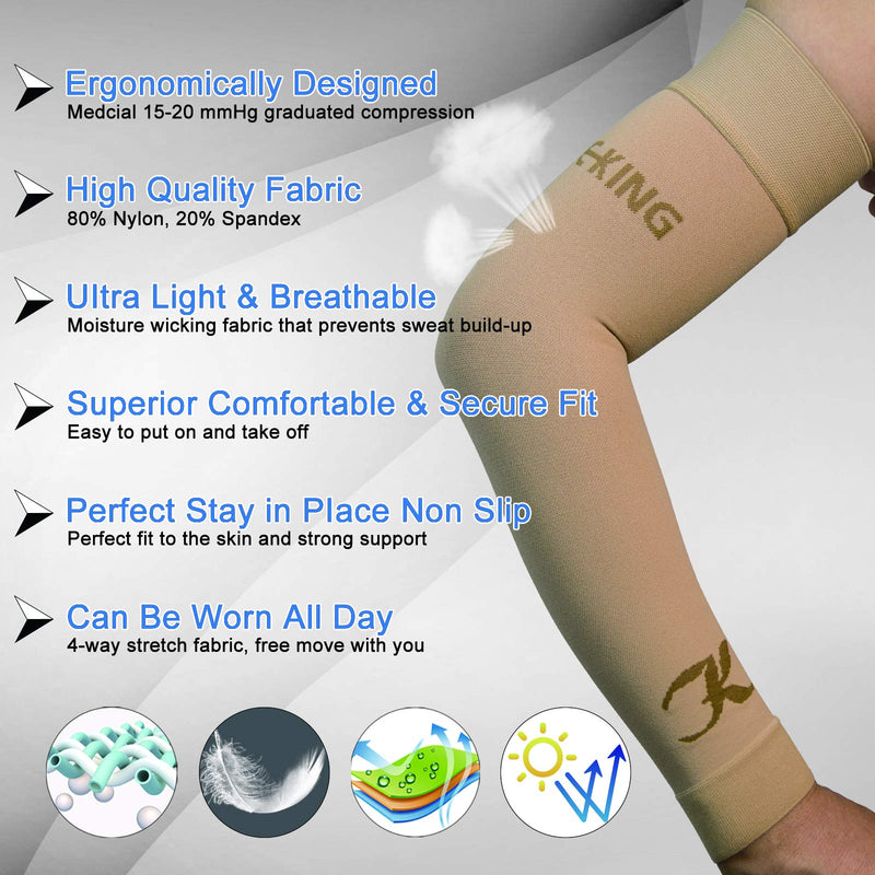 KEKING® Lymphedema Compression Arm Sleeves (Pair), 15-20 mmHg Graduated Compression Arm Support, No Silicone Dot, Post Surgery Recovery, Pain Relief, Swelling, Lipedema, Edema, Beige L Large (1 Pair) 15-20mmhg Beige (Non Silicone Dot) - NewNest Australia
