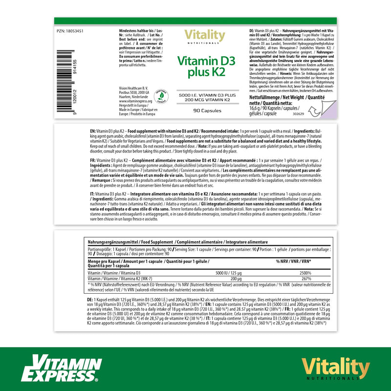 VitaminExpress Vitamin D3 K2 high dose, D 5000 IU + K2 200 mcg Premium All Trans MK7 I 90 mini capsules I high bioavailability, free of additives I immune system I Vitality Nutritionals - NewNest Australia