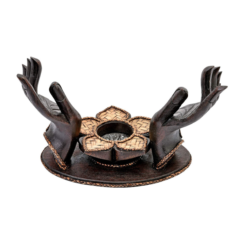 NewNest Australia - Blessed Pair of Open Hands Lotus Flower Rain Tree Wood Candle Holder Brown 