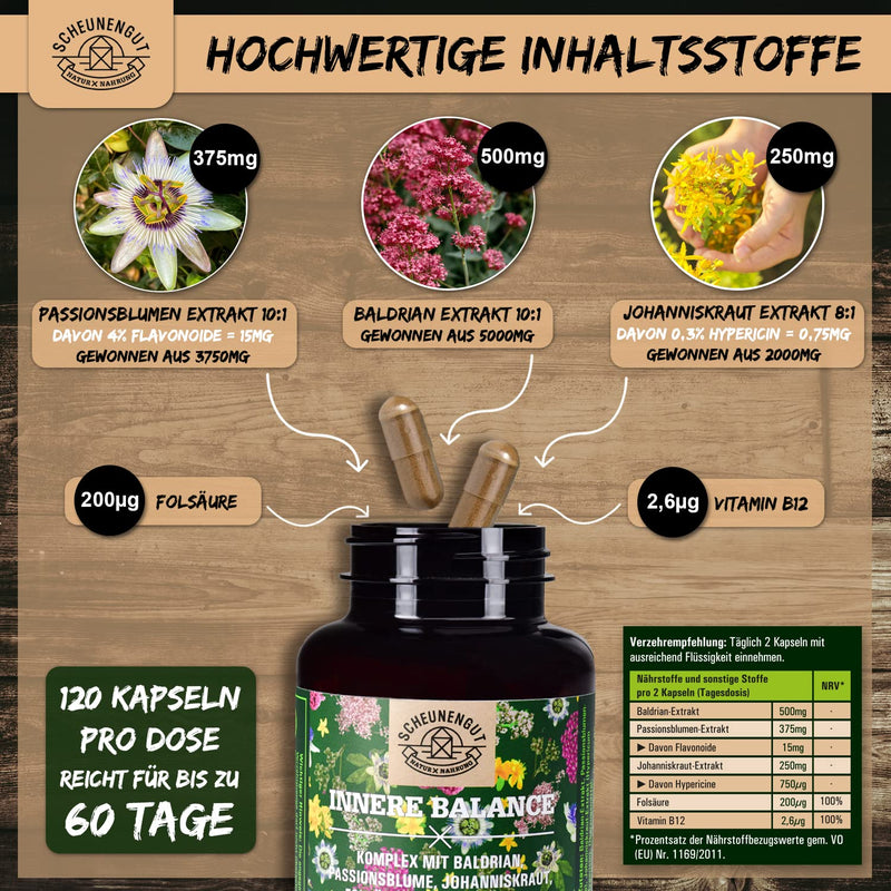 Inner Balance St. John'S Wort Valerian Passion Flower Capsules High Dose - Important: Laboratory-Tested 5-Fold Complex With Hypericin, Hyperforin, Folic Acid & Vitamin B12 I 120 Pieces I De I Scheunengut - NewNest Australia