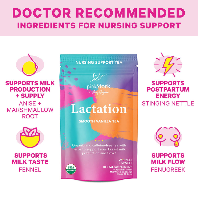 Pink Stork Lactation Tea: Smooth Vanilla Nursing Support, 100% Organic, Supports Breastfeeding + Breast Milk Supply with Fenugreek, Women-Owned, 30 Cups 15 Count (Pack of 1) - NewNest Australia