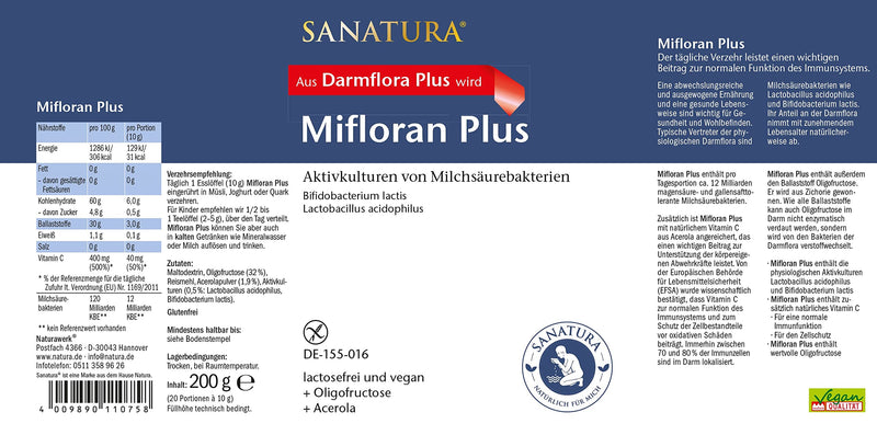 Sanatura Mifloran Plus (Previously: Darmflora Plus) ‚ 200 G ‚ Lactic Acid Bacteria With 12 Billion Cfu Per Daily Dose ‚ Combined With Vitamin C From Acerola And Oligofructose ‚ Vegan And Lactose-Free - NewNest Australia
