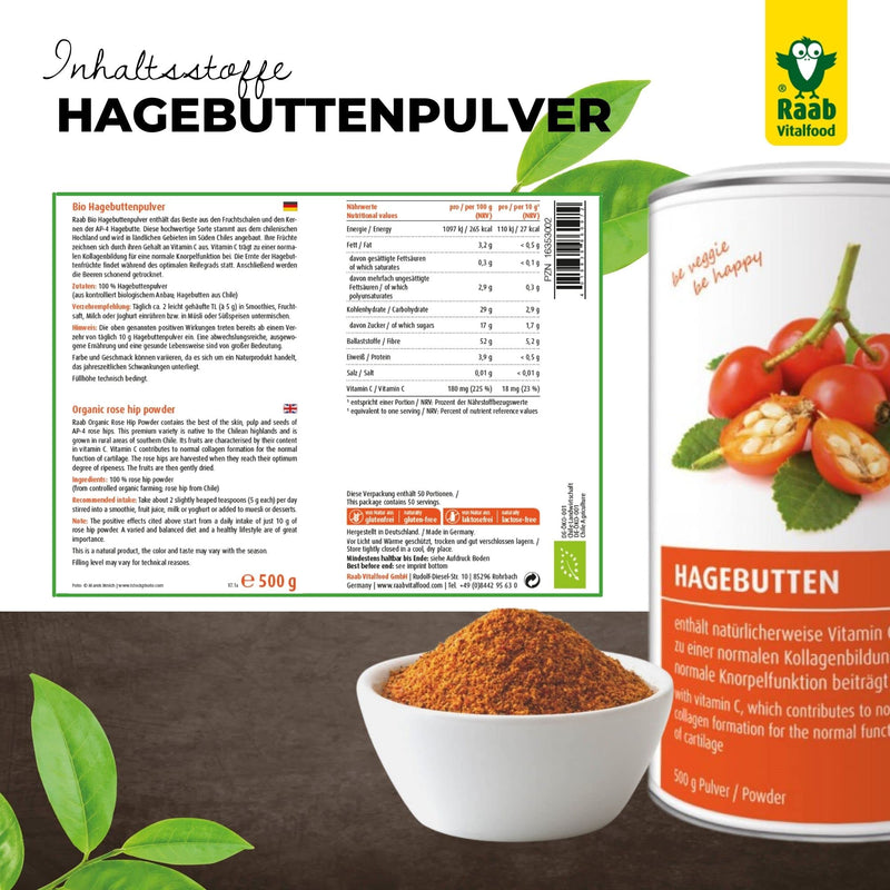Raab Vitalfood Organic Rose Hip Powder With Vegetable Omega-3 & 6 Fatty Acids & Natural Vitamin C For Normal Collagen Formation & Cartilage Function (500G) I Made In Germany 500 G (1 Pack) Single - NewNest Australia