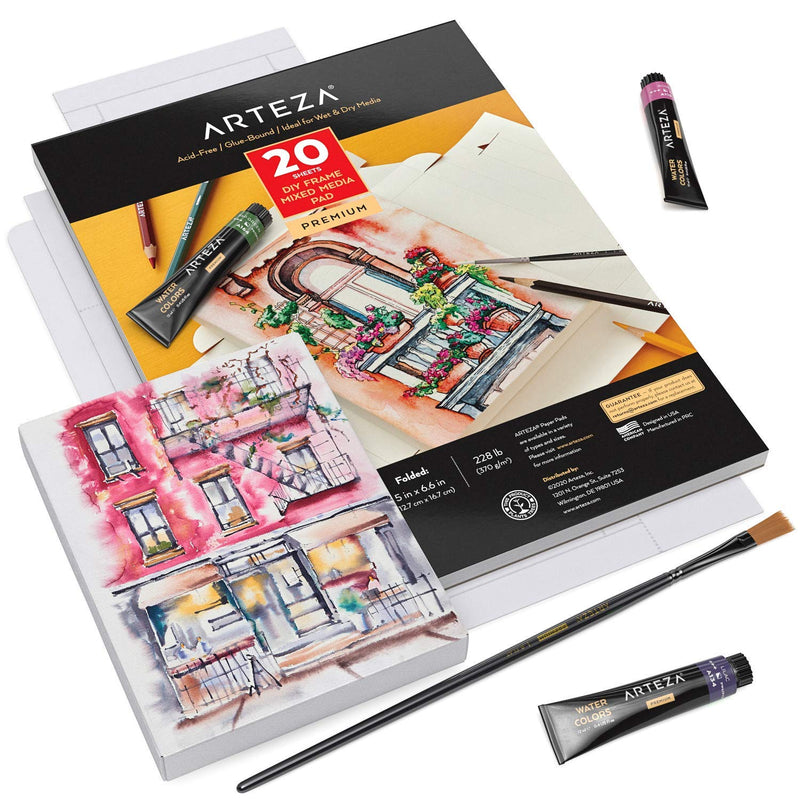 Arteza Mixed Media Paper Foldable Canvas Pad, 5x6.6 Inches, 20 Sheets, DIY Frame, Heavyweight Multimedia Paper, 228 lb, 370 GSM, Acid-Free, Art Supplies for Painting & Mixed Media Art 20 Count (Pack of 1) White - NewNest Australia