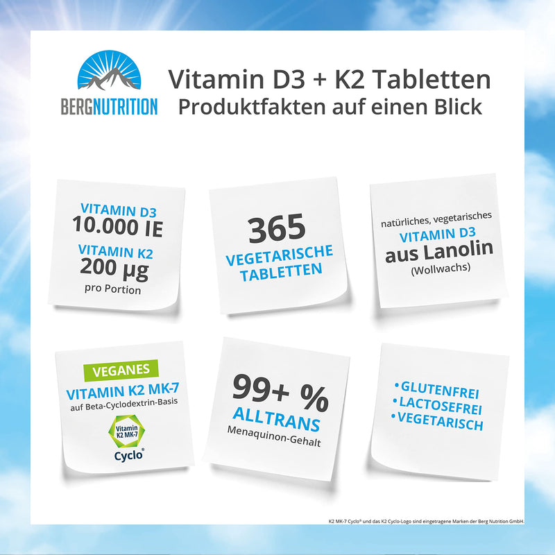 Berg Nutrition Vitamin D3 10,000 IU + 200 µg K2 99+% ALL-Trans, 365 vegetarian tablets, high dosage and divisible, premium vitamin D tablets, vitamin D 3 and vitamin K 2 - NewNest Australia