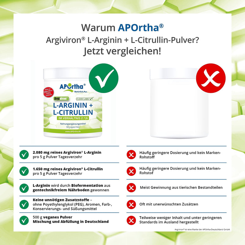 APOrtha L-Arginine & L-Citrulline vegan powder I Ratio L-Arginine to L-Citrulline 2: 1.6 I Dietary supplement purely plant-based without additives I Premium quality I 500 g powder - NewNest Australia