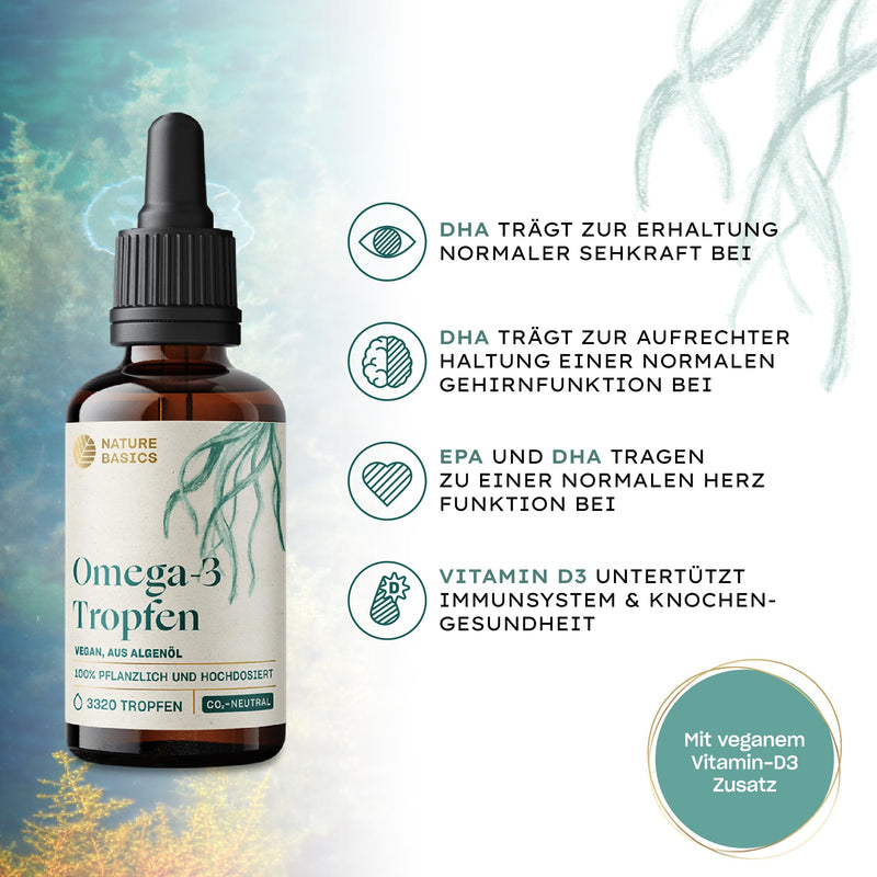 Vegan Omega 3 algae oil - 100 ml drops high dosage / 1158 mg DHA & 579 mg EPA/citrus aroma/high-quality obtained from algae/certified & sustainable 100 ml drops - NewNest Australia