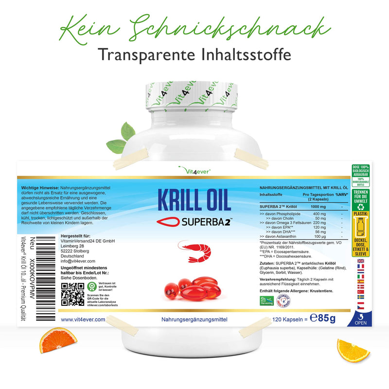 Krill oil - 120 capsules - Brand raw material: Superba Antarctic Krill oil - Rich in EPA + DHA + Astaxanthin + Phospholipids + Omega 3 fatty acids - From sustainable cultivation 120 servings (pack of 1) - NewNest Australia
