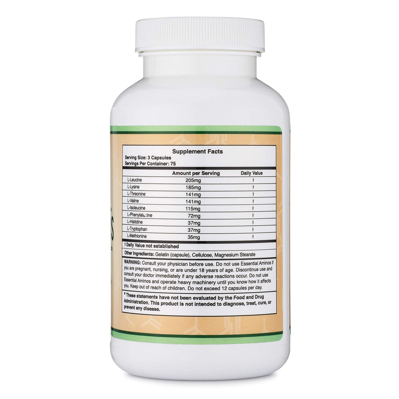 Essential Amino Acids - 1 Gram Per Serving Powder Blend of All 9 Essential Aminos (EAA) and all Branched-Chain Aminos (BCAAs) (Leucine, Isoleucine, Valine) 225 Capsules by Double Wood Supplements - NewNest Australia