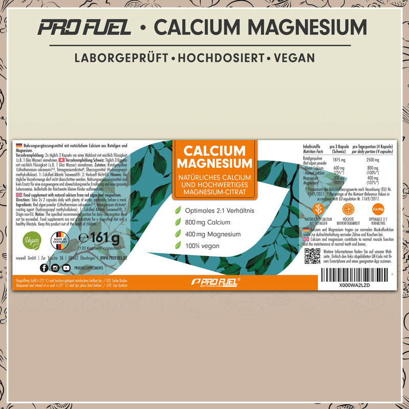 Calcium & Magnesium 2x120 capsules, vegan & high dose with 800mg calcium + 400mg magnesium per day - high bioavailability thanks to natural calcium from red algae and magnesium citrate - Made in Germany 2x 120 capsules - NewNest Australia