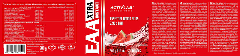 Activlab Eaa Xtra Instant 500 G Powder All 8 Essential Exogenous Amino Acids, B Vitamins, 50 Servings, Workout Drink, Watermelon, Optimal Value, Vegan, Includes Measuring Cup, Vegan - NewNest Australia