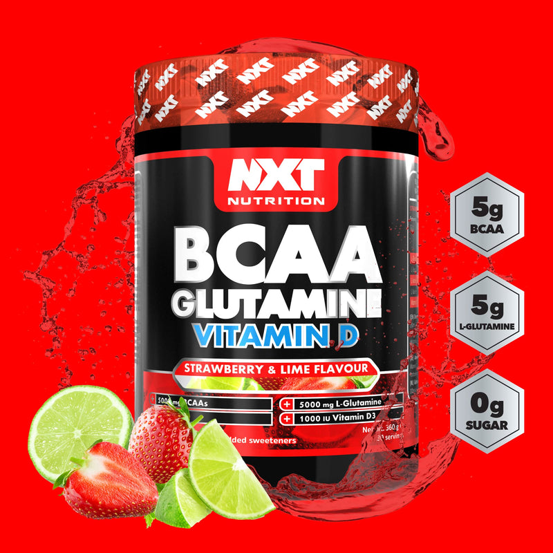 NXT Nutrition BCAA, Glutamine & Vitamin D | BCAAs Amino Acids with Vitamin D3 and L-Glutamine - for Recovery, Gut Health and Muscle Protein Synthesis | Strawberry Lime | 360g - 30 Serving - NewNest Australia