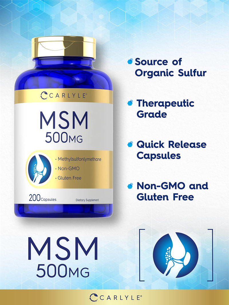 MSM Supplement | 500mg | 200 Capsules | Non-GMO, and Gluten Free Formula | Methylsulfonylmethane | by Carlyle - NewNest Australia