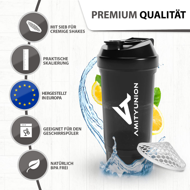 Protein shaker 700 ml “FYRA” leak-proof - BPA free with powder compartment & sieve and scale for creamy whey protein shakes, shaker protein shake, protein shaker cup for Bcaa and gaming booster in black - NewNest Australia