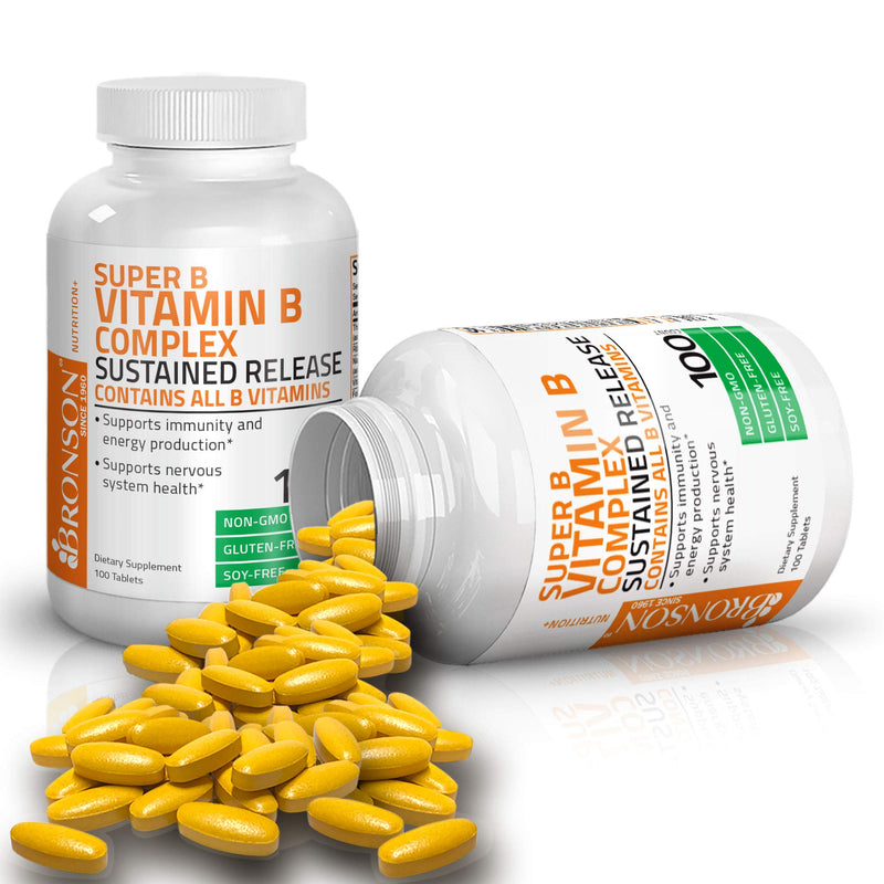 Bronson Super B Vitamin B Complex Sustained Slow Release (Vitamin B1, B2, B3, B6, B9 - Folic Acid, B12) Contains All B Vitamins 100 Tablets 100 Count (Pack of 1) - NewNest Australia