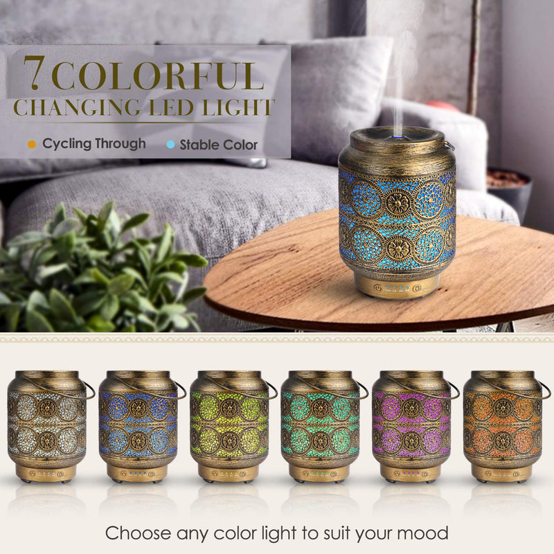 SALKING Metal Essential Oils Diffuser,100ml Vintage Aromatherapy Diffuser Ultrasonic Oil Diffusers Humidifier with 7 Colour Night Light, Waterless Auto Shut-Off, Timer for Home Bedroom Gold - NewNest Australia