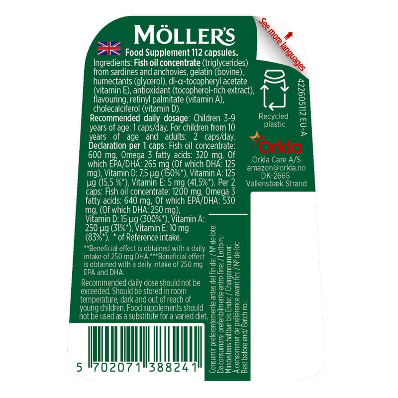 Moller’s ® | Omega-3 Capsules | Fish Oil | Nordic Omega-3 Dietary Supplement with EPA and DHA and Vitamins A, D and E | 166-year-old-brand | Daily Health | 112 Capsules - NewNest Australia
