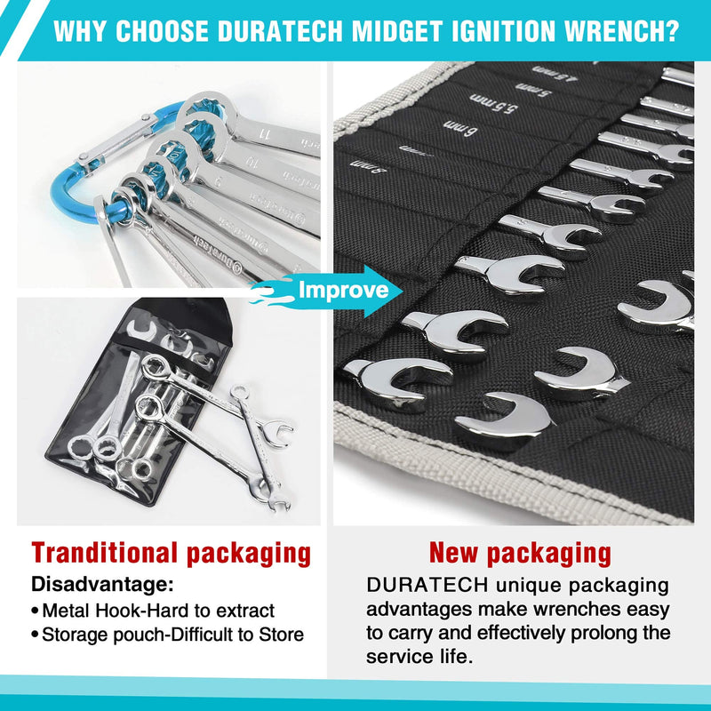 DURATECH Midget Wrench Set, Mini Combination Wrench Set, Metric & SAE, 20-Piece, 4-11mm & 5/32'' to 7/16'', Lightweight, with Rolling Pouch - NewNest Australia