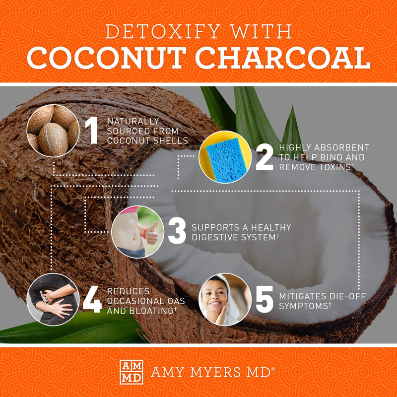 Coconut Charcoal Capsules from The Myers Way Protocol - Natural Activated Charcoal, Gas Reliever & Support For Affects Of Mold/Toxins - Dietary Supplement 60 Capsules, 30 Servings - Dr. Amy Myers - NewNest Australia