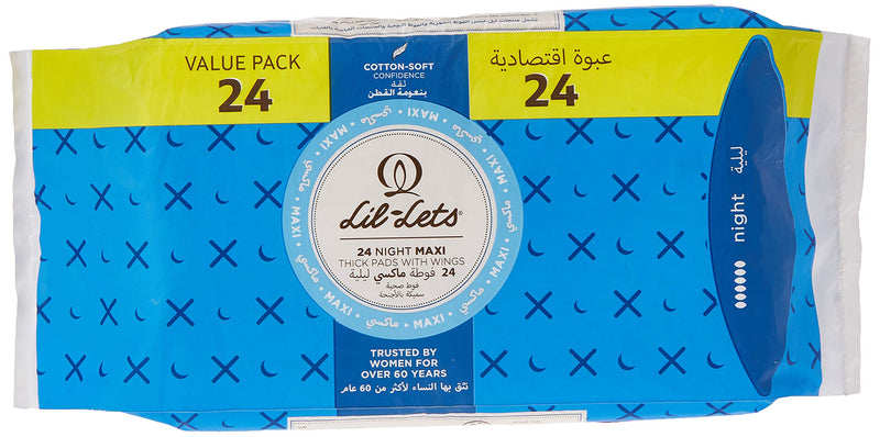 Lil-Lets Maxi Thick Period Pads X 24 | Night Absorbency| with Wings | 1 Pack of 24 Maxi Pads | for Very Heavy/Extra Heavy Overnight Flow | Unscented | Super Soft Cover - NewNest Australia