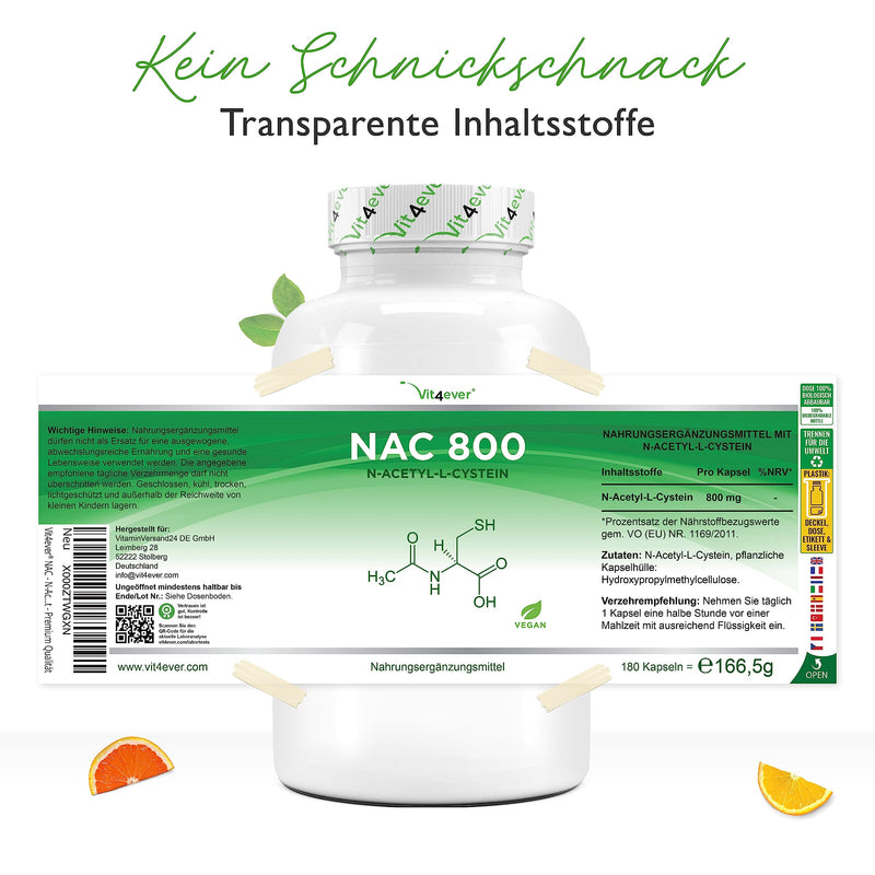 Nac - N-Acetyl L-Cysteine 180 Capsules With 800 Mg Each - 6 Month Supply - Laboratory Tested (Active Ingredient Content & Purity) - Vegan - High Dose - Premium Quality - NewNest Australia