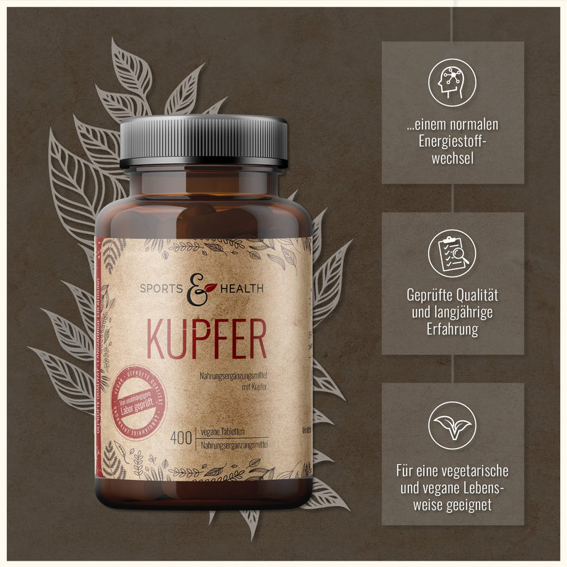 Copper tablets - 400 tablets - copper 2 mg per daily dosage - vegan - copper from 3 compounds - copper bisglycinate copper citrate copper gluconate - tested in Germany - NewNest Australia