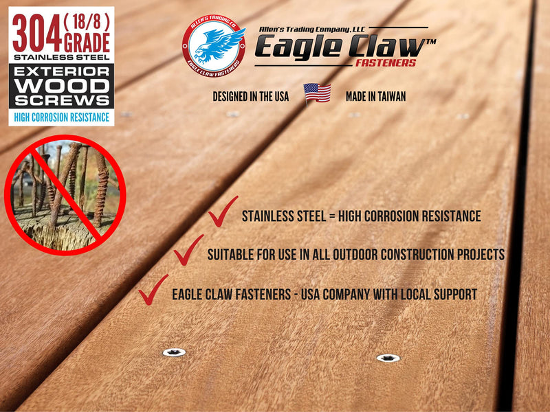 #8 X 1 5/8 Inch Stainless Steel Wood Screws Flat Head T20 Star Drive 304 Grade (100 pieces) for Outdoor Construction by Eagle Claw Fasteners (Driver Bit included) 100 #8 x 1 5/8" - NewNest Australia