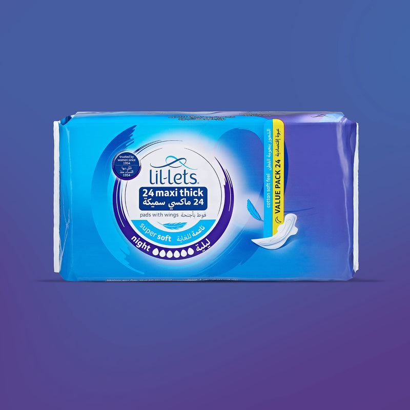 Lil-Lets Maxi Thick Period Pads X 24 | Night Absorbency| with Wings | 1 Pack of 24 Maxi Pads | for Very Heavy/Extra Heavy Overnight Flow | Unscented | Super Soft Cover - NewNest Australia