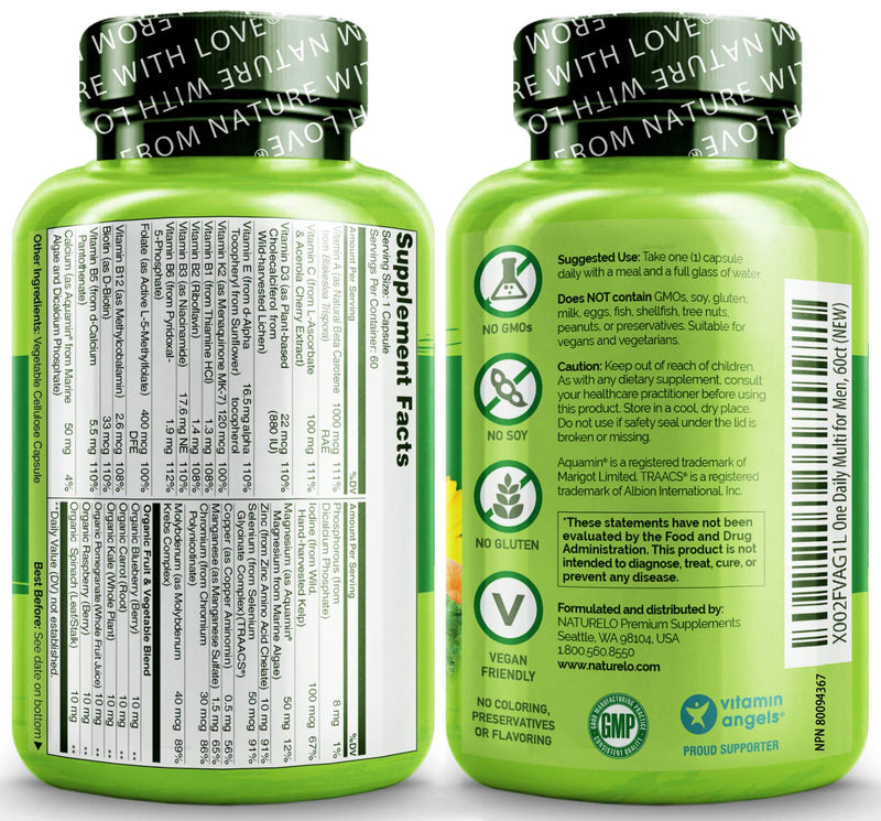 NATURELO One Daily Multivitamin for Men - with Vitamins & Minerals + Organic Whole Foods - Supplement to Boost Energy, General Health - Non-GMO - 60 Capsules | 2 Month Supply 60 Count (Pack of 1) - NewNest Australia