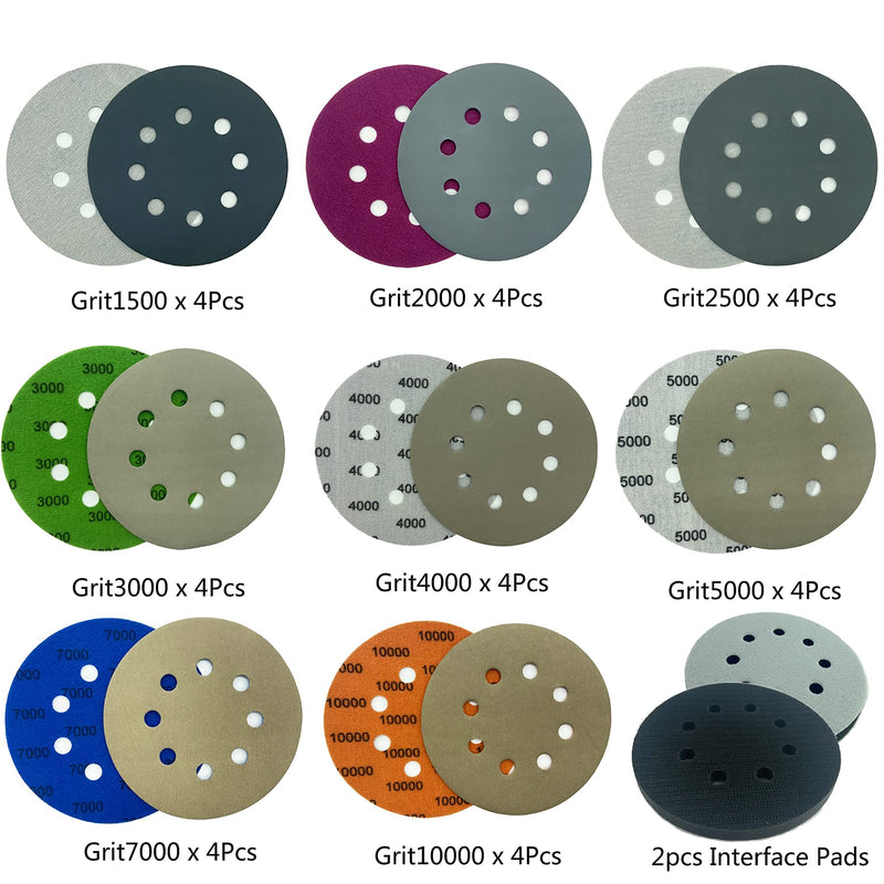 32pcs Sandpaper 8 Hole 5 inch Sanding Discs Hook and Loop 1500/2000/2500/3000/4000/5000/7000/10000 Grits Wet Dry Sandpaper with 2pcs Interface Pads for Random Orbital Sander Automotive Metal Polishing - NewNest Australia