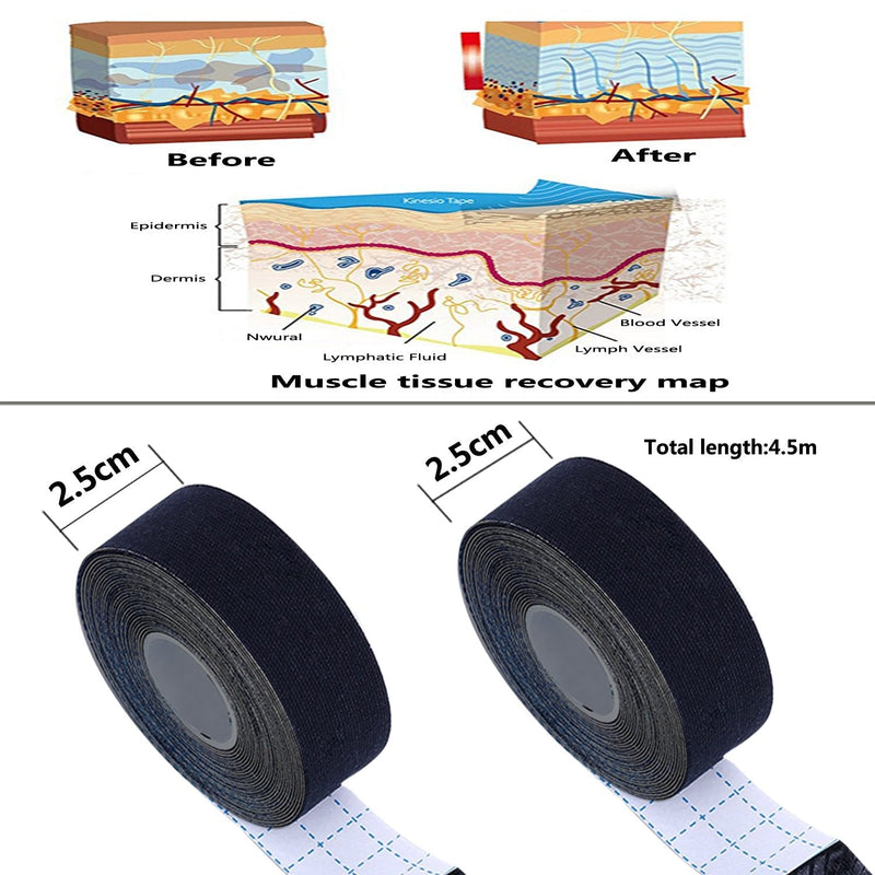 FOU Kinesiology Recovery Therapeutic Tape, Waterproof Muscle Support for Athlete,Sports Injury Tape 1 inch x 16.4 ft / 2.5cm x 5m Black 4 rolls - NewNest Australia