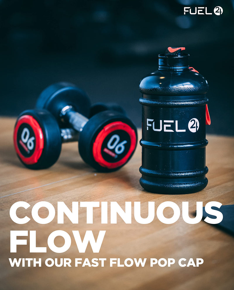 Fuel24 Jug - 2.2 Litre Water Bottle - Extra Strong Flex Material - Drop Proof, Pop or Straw Cap Options - 2.2L Large Gym Sports Bottle, BPA FREE Pop Cap Transparent Black - NewNest Australia