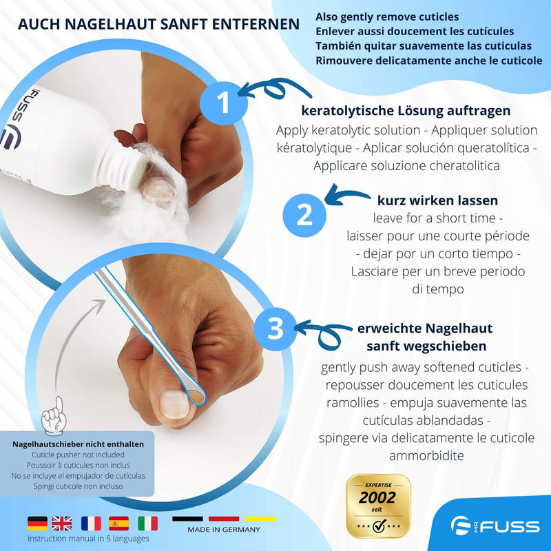 Mr. Fuss® No. 1 - Plus Pack Steel - Small, cuticle callus remover economy package 3 pieces. Active solution, quick & strong emollient - 200 ml, cotton wool, stainless steel scraper - NewNest Australia