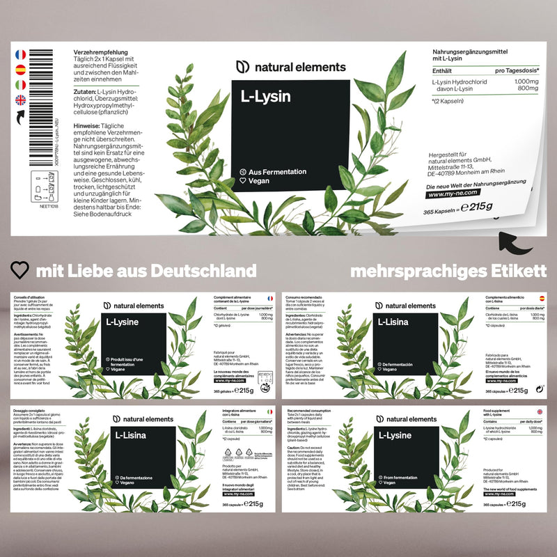 L-Lysine - 365 capsules - 800mg pure L Lysine from 1000mg L-Lysine HCl/day - From plant fermentation - without genetic engineering - vegan, optimally dosed, without unnecessary additives - NewNest Australia