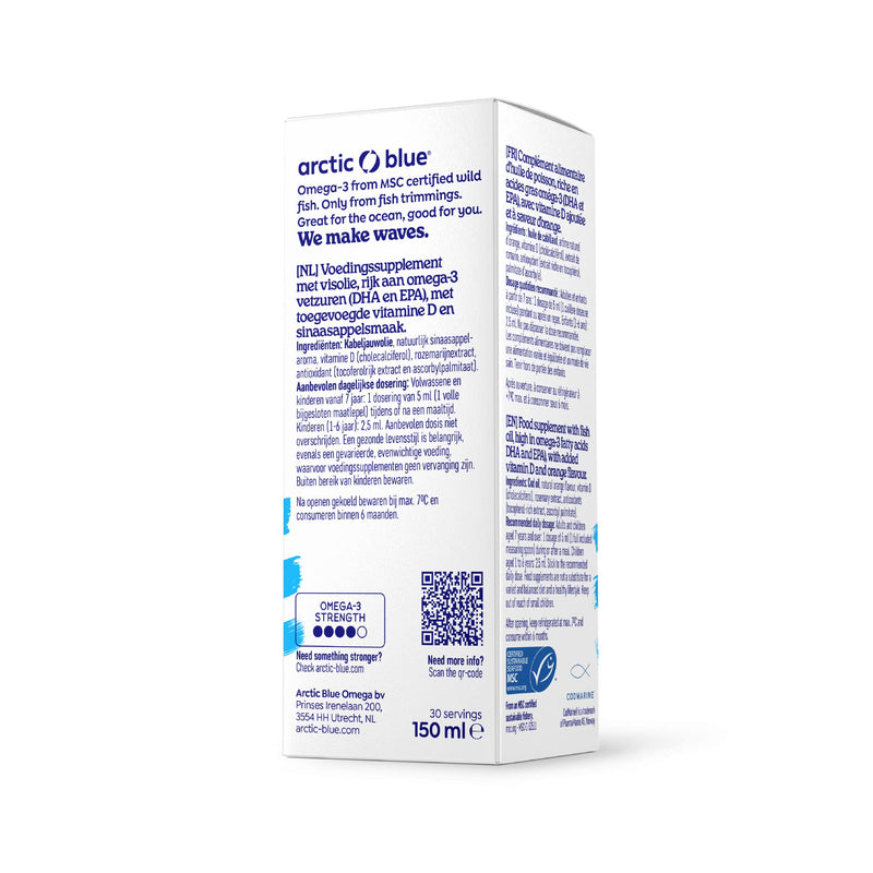 Arctic Blue Omega 3 fish oil - 150 ml liquid - high dose with DHA, EPA and vitamin D - without burping or fishy smell - arctic fish oil - MSC certified - orange flavor - NewNest Australia