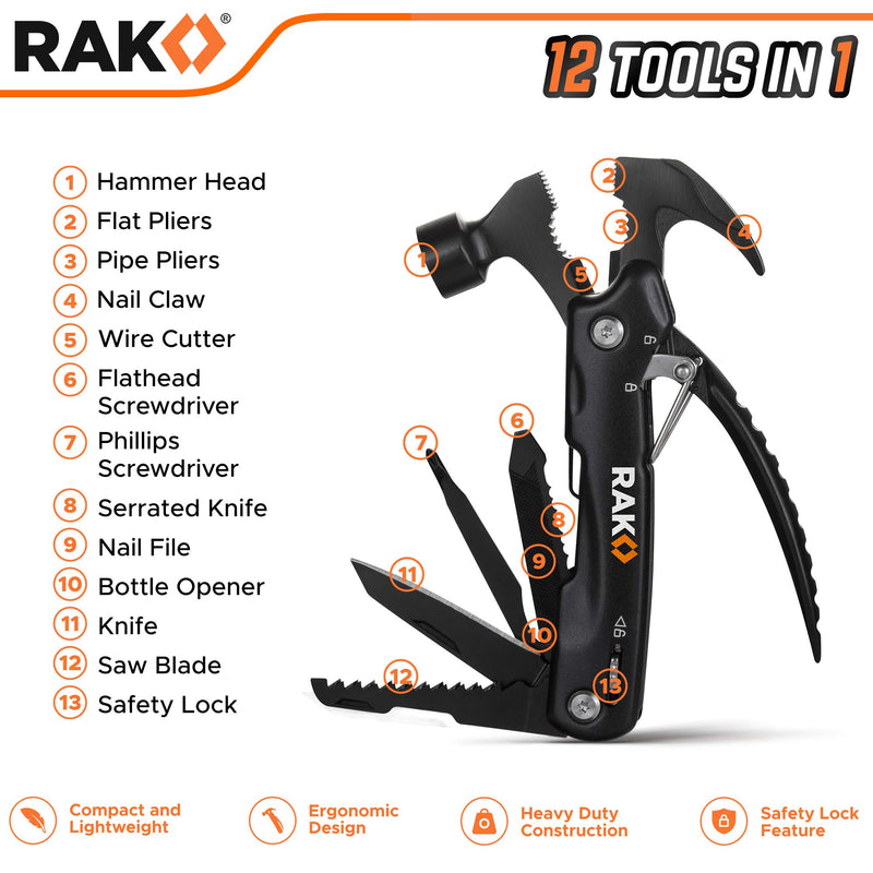 RAK Hammer Multi-Tool - Multi-Functional 12 in 1 Mini Hammer Camping Gear Survival Tool for Men, DIY Handyman, Father/Dad, Husband, Boyfriend, Him, Women Black - NewNest Australia