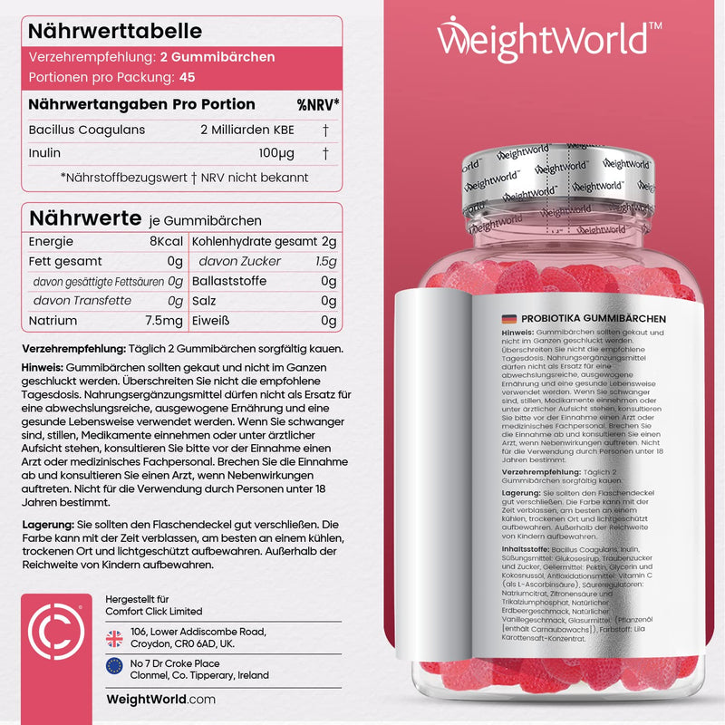 Probiotics Gummy Bears - 90 Gummies With Bacterial Strains (Bacillus Coagulans & Inulin) - Cultures Complex With 2 Billion Cfu - With Vanilla & Strawberry Flavor - Vitamin Gummy Bears By Weightworld - NewNest Australia