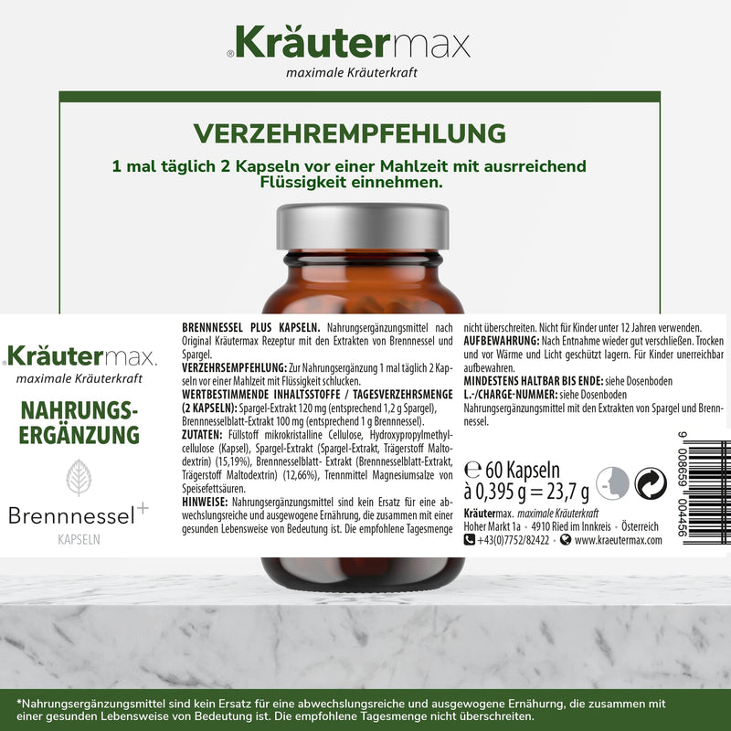 Kr√§Utermax Nettle Capsules Plus Nettle Extract Capsules With Asparagus Nettle Capsules Vegan And Natural According To Herbal Max Original Formula Stinging Nettle 1 X 60 Pieces - NewNest Australia