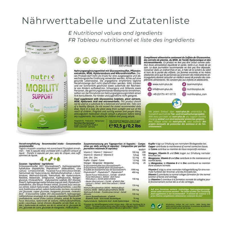 Glucosamine + Chondroitin High Dose + Vegan - Mobility Support With Msm, Hyaluronic Acid, Zinc, Vitamin C - Brand Raw Materials Glucosagreen + Phytodroitin - 120 Capsules - NewNest Australia