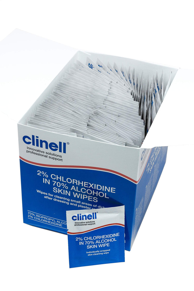 Clinell - Alcohol Skin Wipes - 2% Chlorhexidine, 70% Alcohol Wipes - Skin Wipes Designed for Using in Hospitals, Latex Free & Dermatologically Tested - 1 Box of 200 Wipes Single - NewNest Australia