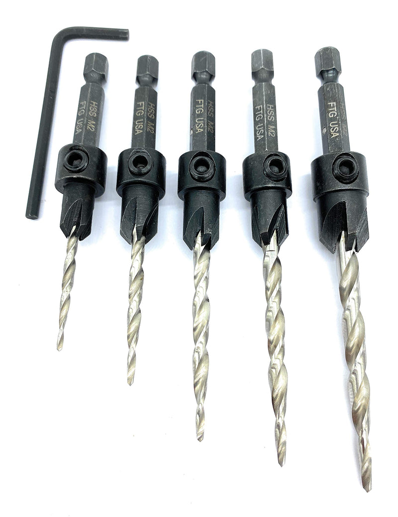 FTG USA Maximum Torque - Adjustable Wood Countersink Drill Bit Set #4, 6, 8, 10, 12 with Woodworking HSS Tapered Bits Secured with Pin and Hex Wrench (1/8" Allen Key) (Without Depth Stop Collar) without Depth Stop Collars - NewNest Australia