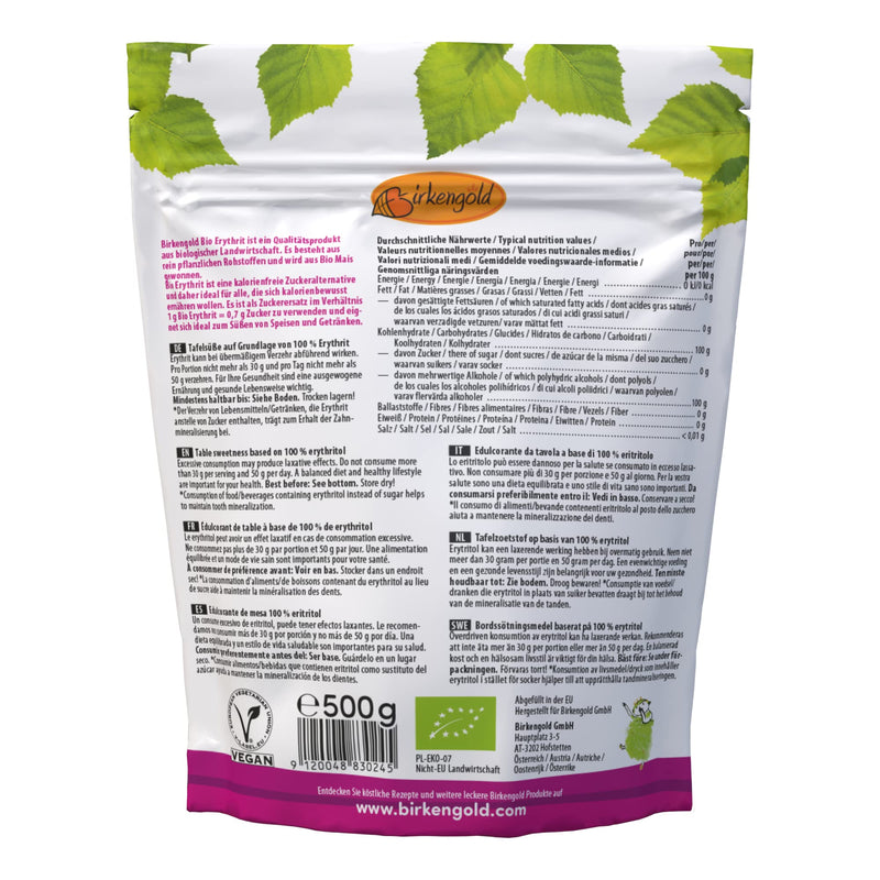 Birkengold Organic Erythritol, 500 G Bag | From Organic Farming | Calorie-Free Sugar Substitute | Tastes Like Sugar | Vegan | Tooth-Friendly | Glycemic Index Of 0 - NewNest Australia