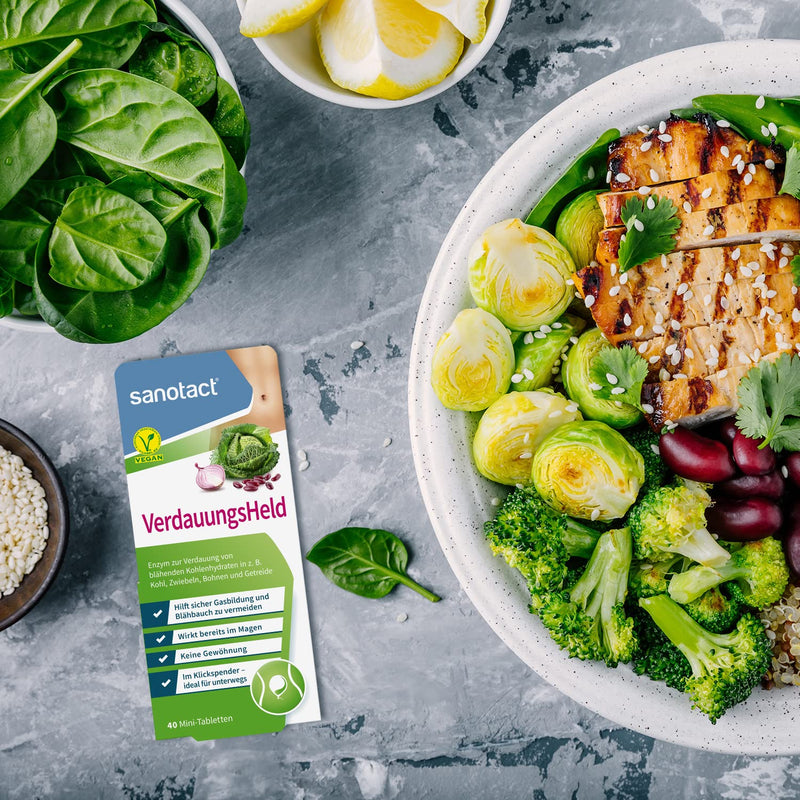 sanotact Digestive Hero • 40 mini tablets • Helps with the digestion of grains, cabbage and legumes • Irritable bowel syndrome tablets promote digestion for bloated stomachs 40 pieces (pack of 1) - NewNest Australia