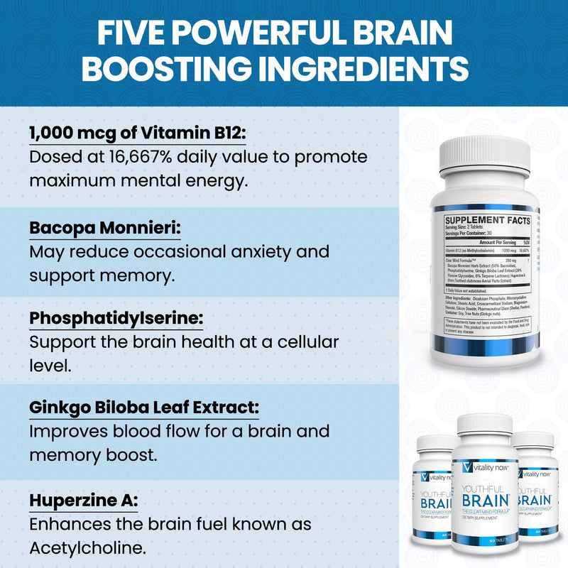 Youthful Brain | Memory & Brain Health Support Supplement - Doctor Formulated Brain Booster Clarity with Bacopa Monnieri, Ginkgo Biloba, B12 - Easy to Swallow Tablets - 30-Day Supply (60 Count) 60 Count (Pack of 1) - NewNest Australia