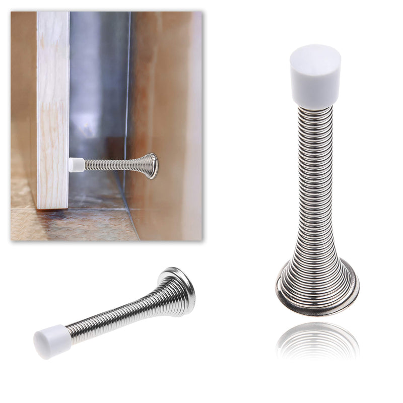 Kare & Kind 4X Spring Door Stoppers (Silver) - Screw-in Flexible Steel Stoppers with White Rubber Bumper Tips - Protect Walls from Bumps, Marks and Damages - Kid and Pet Safe - for Homes, Offices - NewNest Australia