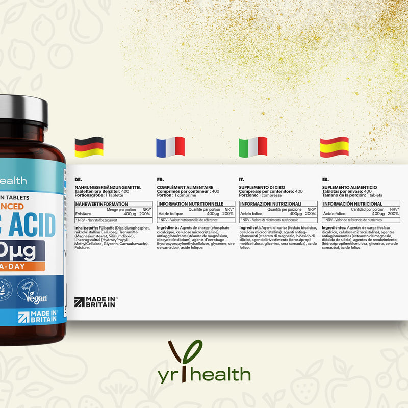 Folic Acid 400 mcg Tablets - 400 Vegan Vitamin B9 Tablets for Women, 13 Month Supply, Folic Acid Pregnancy for Normal Function of Immune System and Maternal Tissue Growth - Made in The UK by YrHealth - NewNest Australia