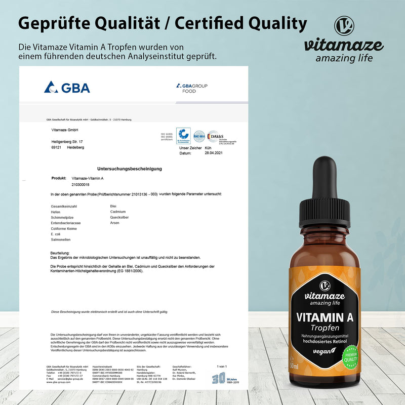 High-dose vitamin A drops 5000 IU per daily dose, 50 ml (1700 drops), liquid retinol & vegan, natural dietary supplement without additives, high bioavailability, Made in Germany - NewNest Australia